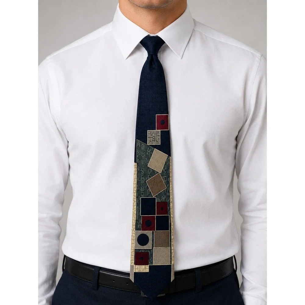 Robert Stock Mens Silk Tie Vintage Geometric Patchwork Abstract‎ Navy Burgundy